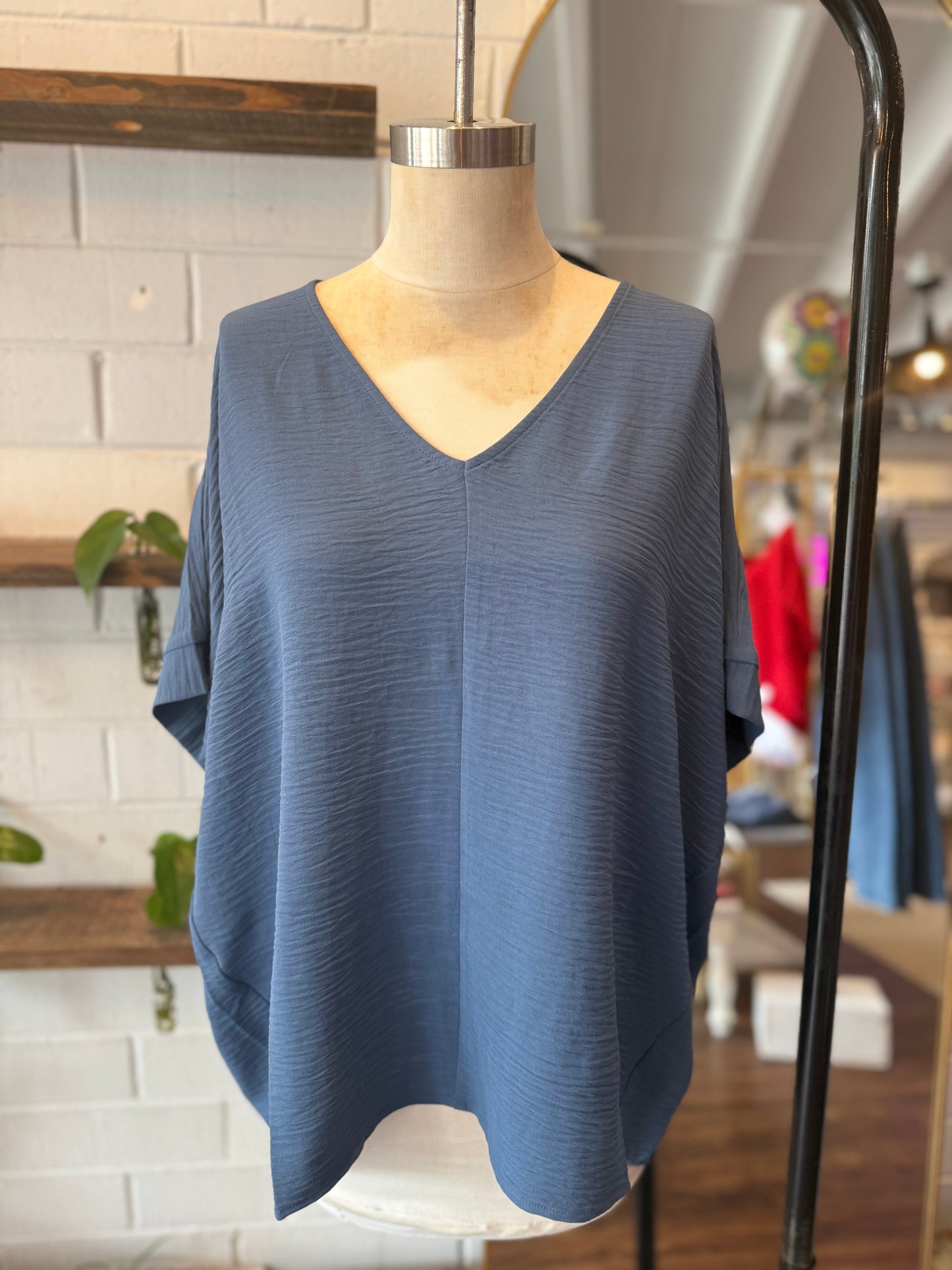 Dusty Blue Woven Airflow V-Neck Dolman Short Sleeve Top