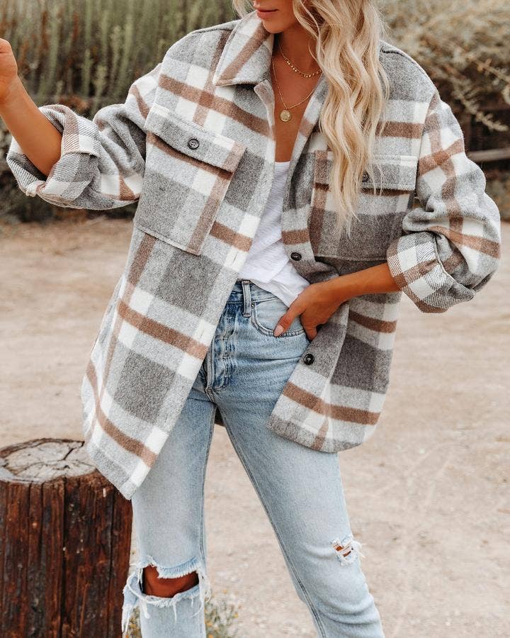 Women's Plaid Button Down Flannel Shirt Jacket
