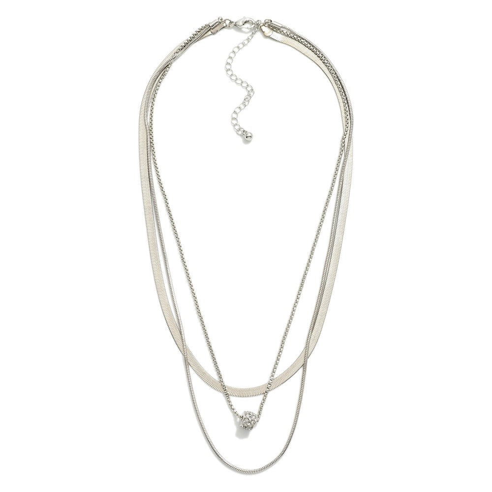 Layered necklace w/ rhinestone pendant- Silver