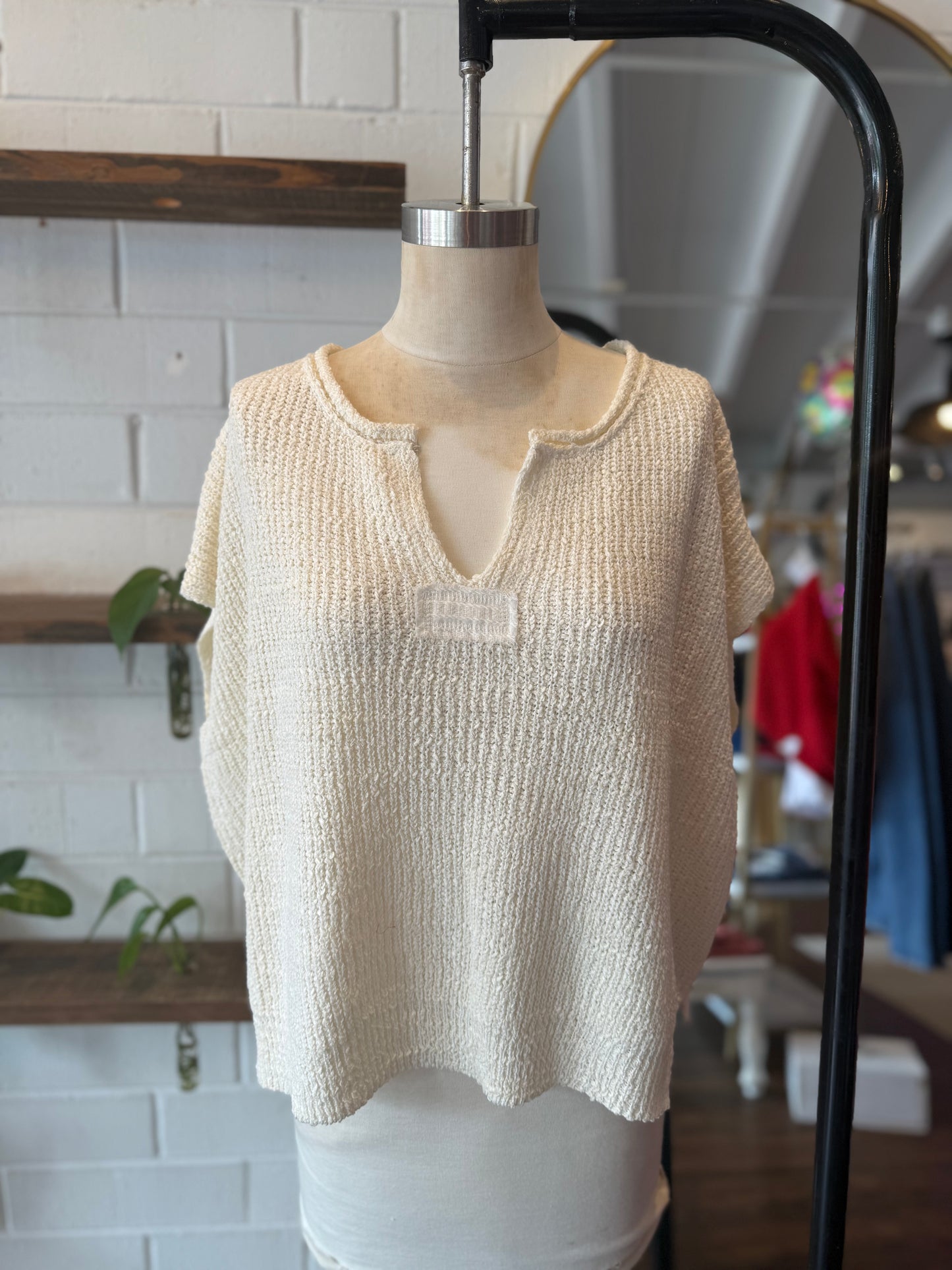 Ivory Patch Rolled Split-Neck Side Slit Pullover
