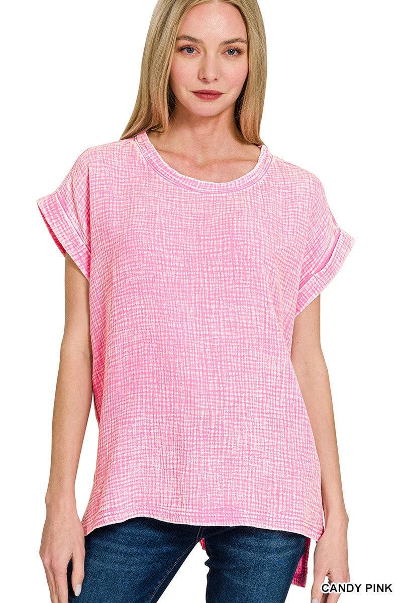 Candy Pink Woven Double Gauze Acid Washed Short Sleeve Top