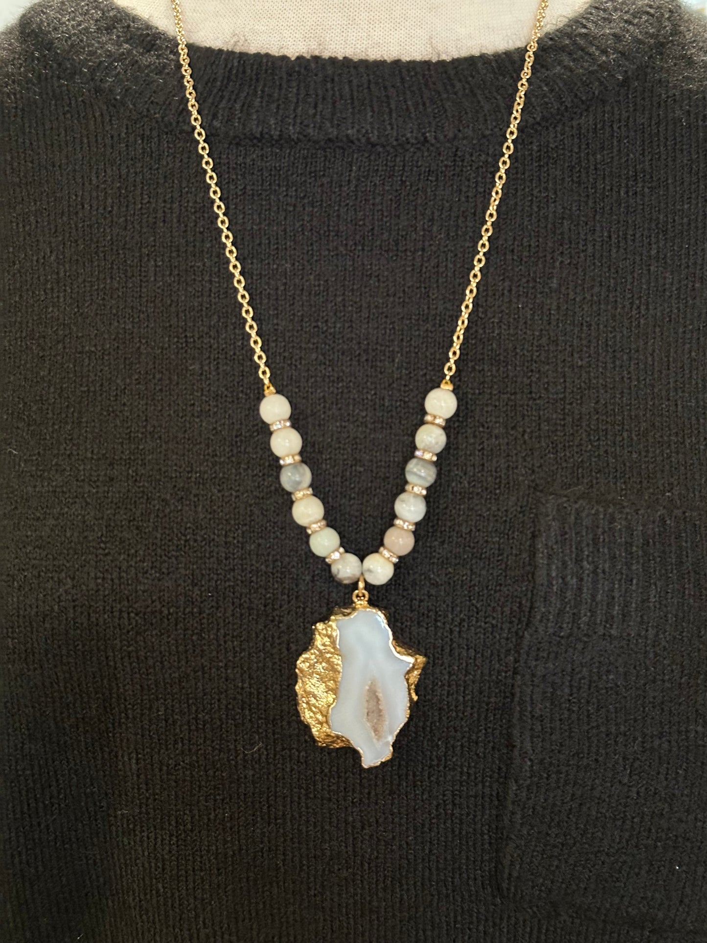 Stone/Geode with Crystal Beads Gold Necklace, Grey