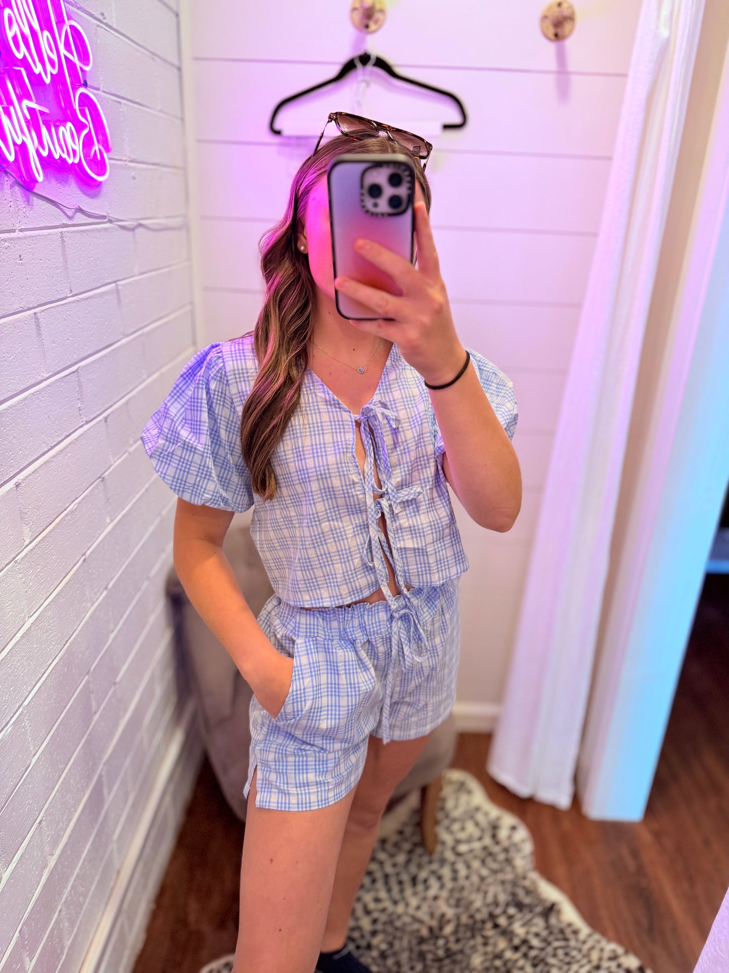 V-Neck Lace-Up Puff Sleeve Top Shorts Plaid Set - Blue