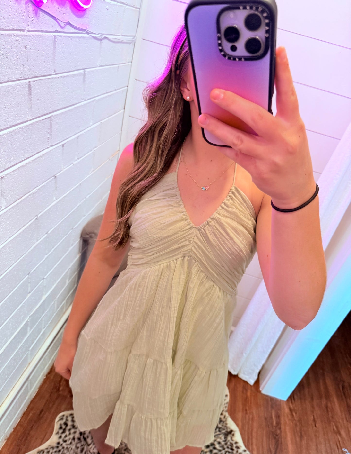 Solid Halter Plunge Ruched Swing Mini Shirred Dress