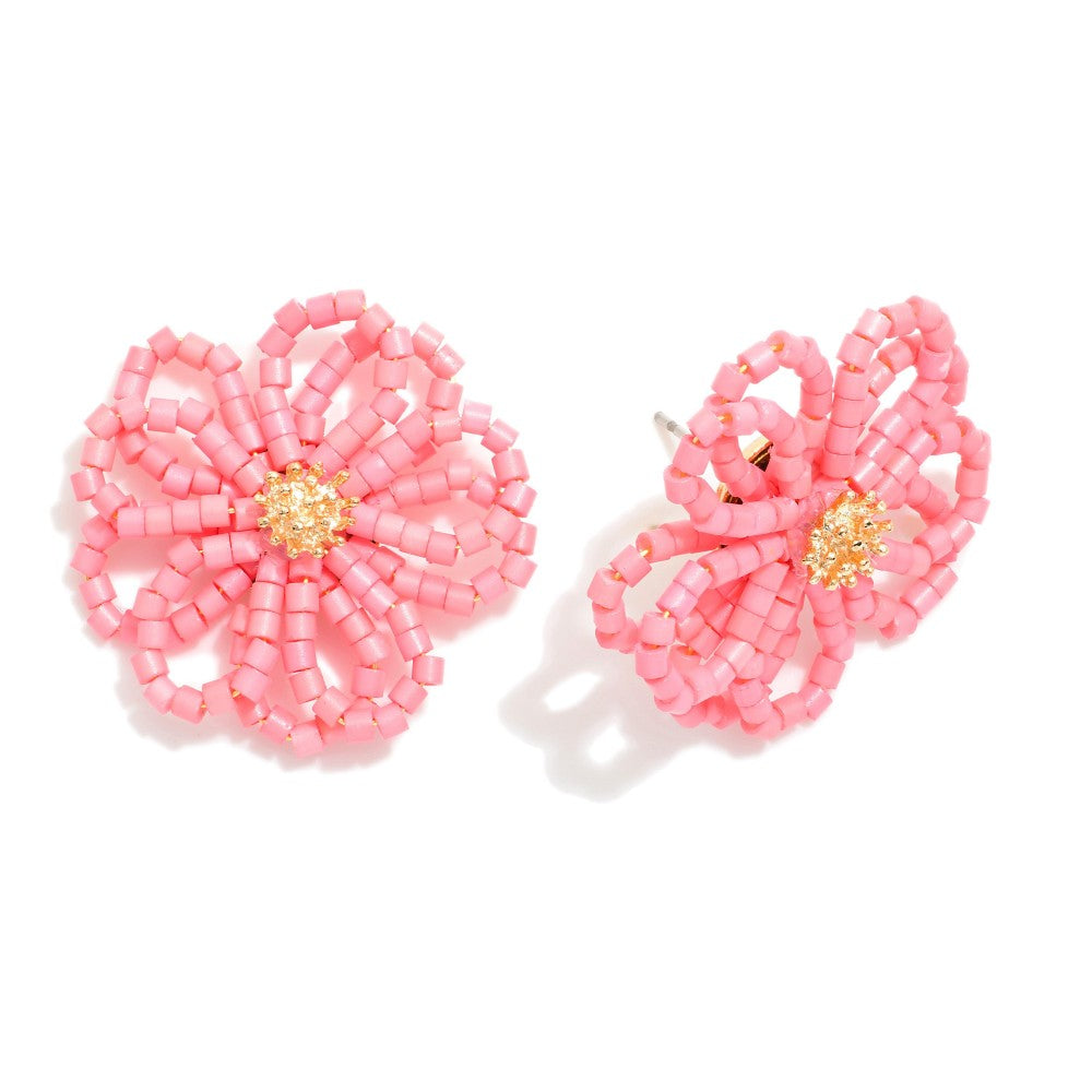 Pink Seed Bead Flower Earrings