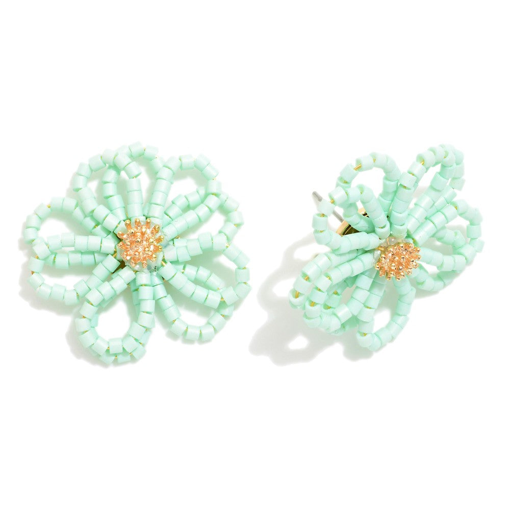 Mint Seed Bead Flower Earrings