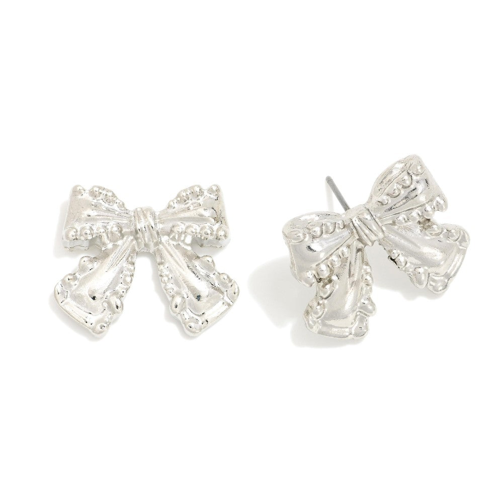Silver Chunky Metal Bow Stud Earrings