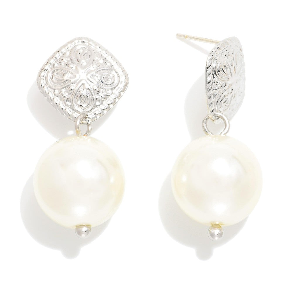 Pearl with Squared Clover Metal Accent Drop Earring