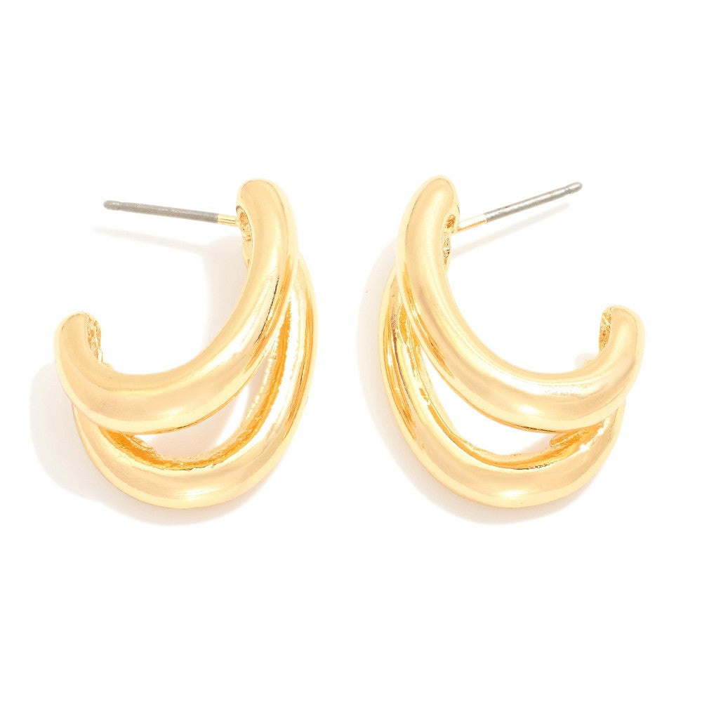 Layered Metal Tone Oval Hoop Earrings - Gold