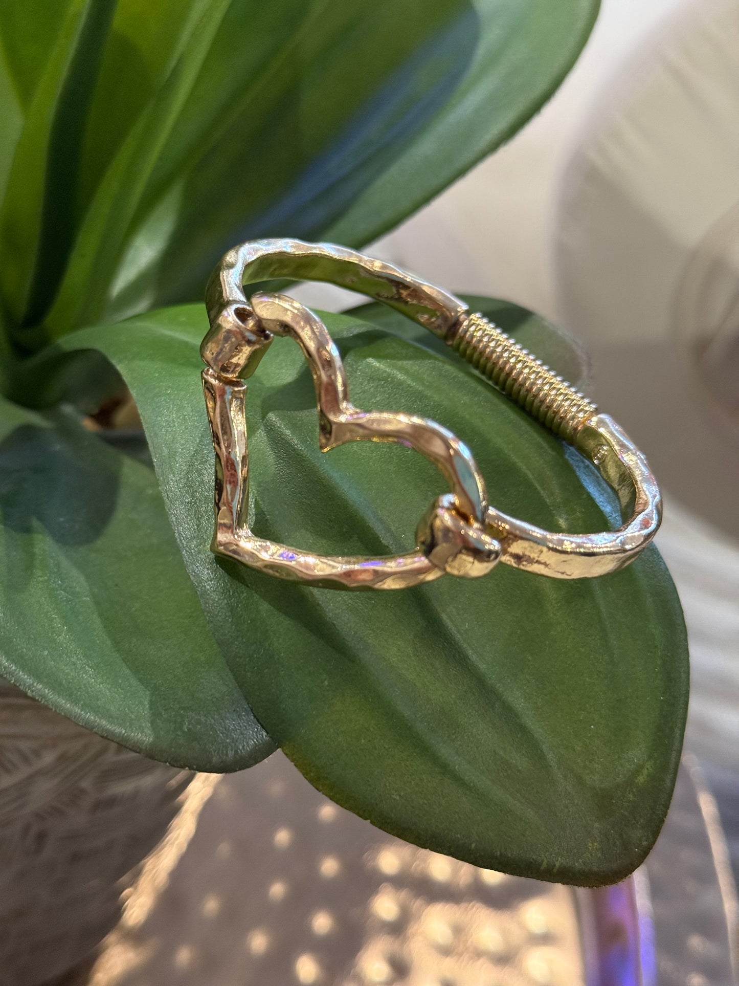 Heart Locking Cuff Hammered Gold