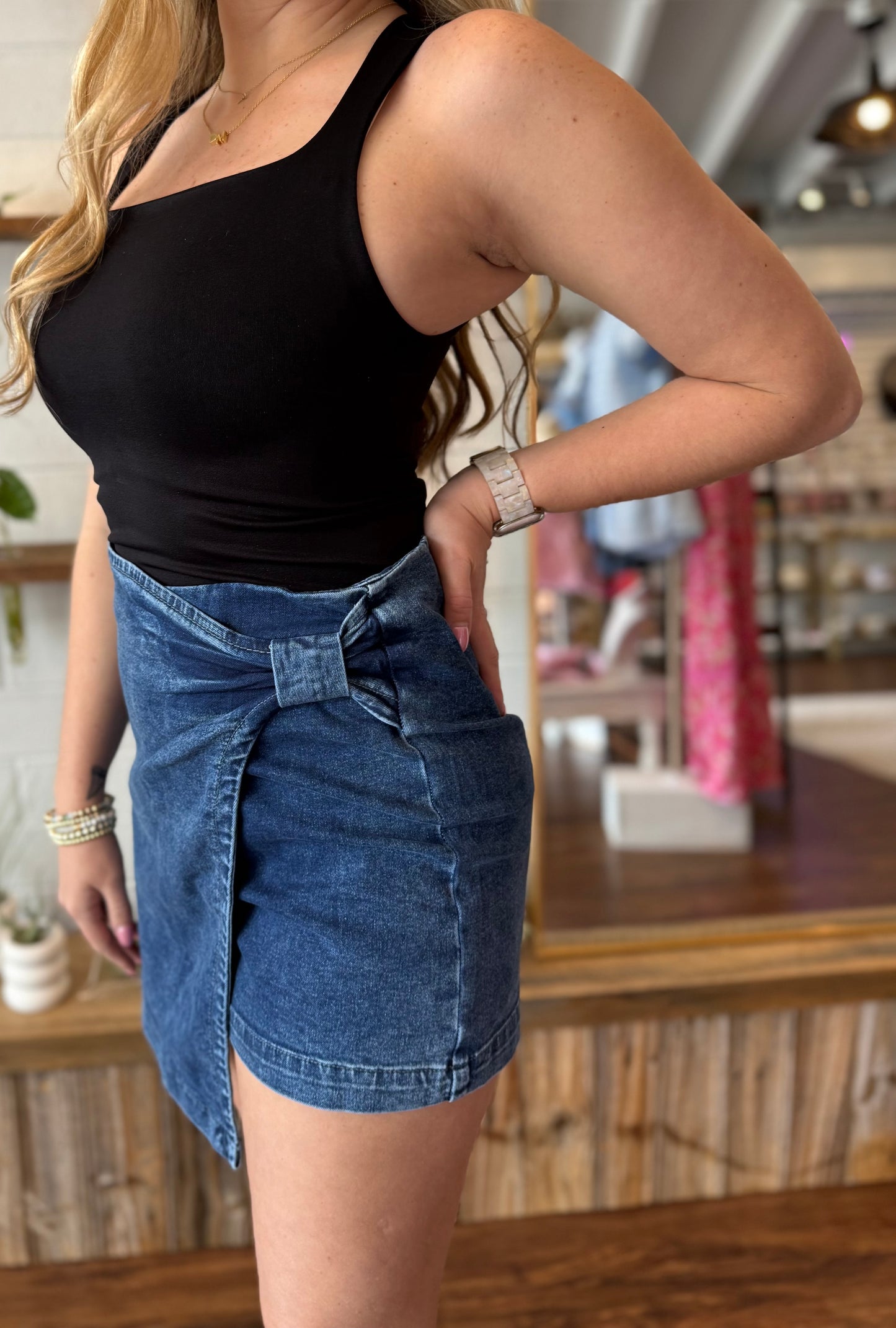 Acid Wash Asymmetric Wrapped Zipped Denim Skort