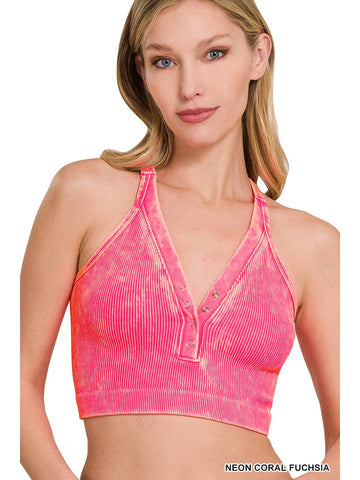 Washed Ribbed Tank Top, V neck, Neon Coral Fuchsia