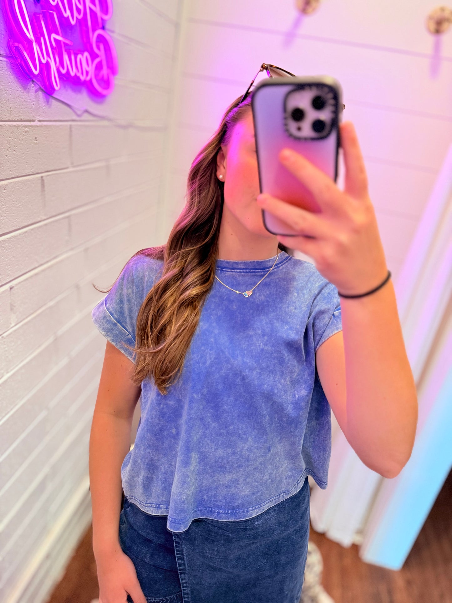 Classic Blue Washed Cotton Cuffed Short Sleeve Top