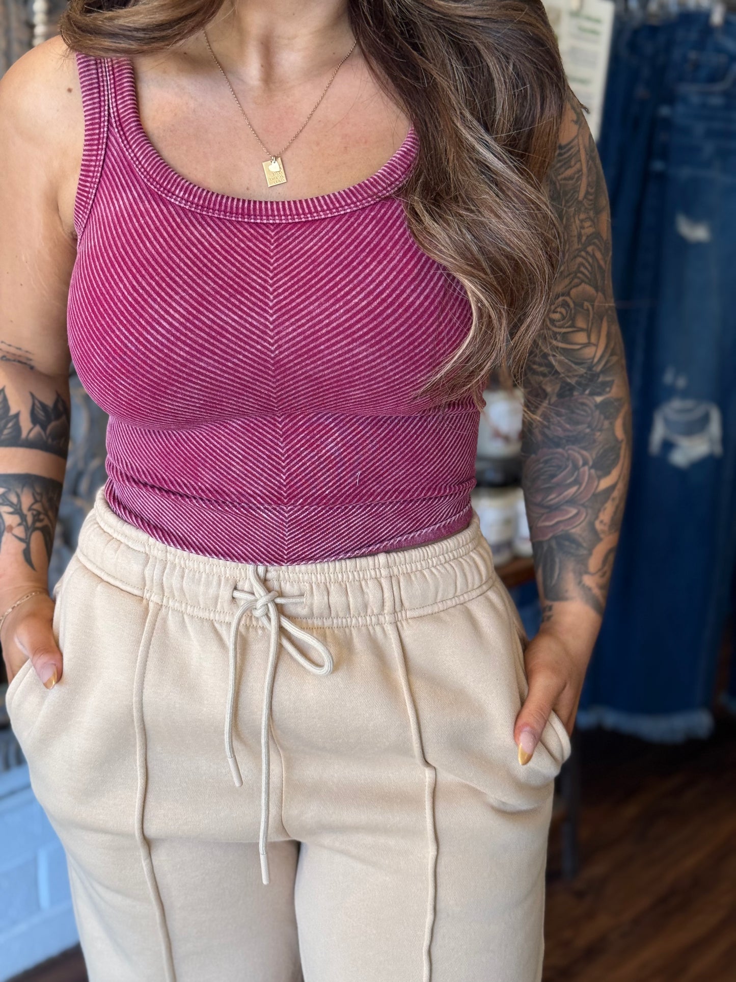 Stone Washed Ribbed Bralette - Cabernet