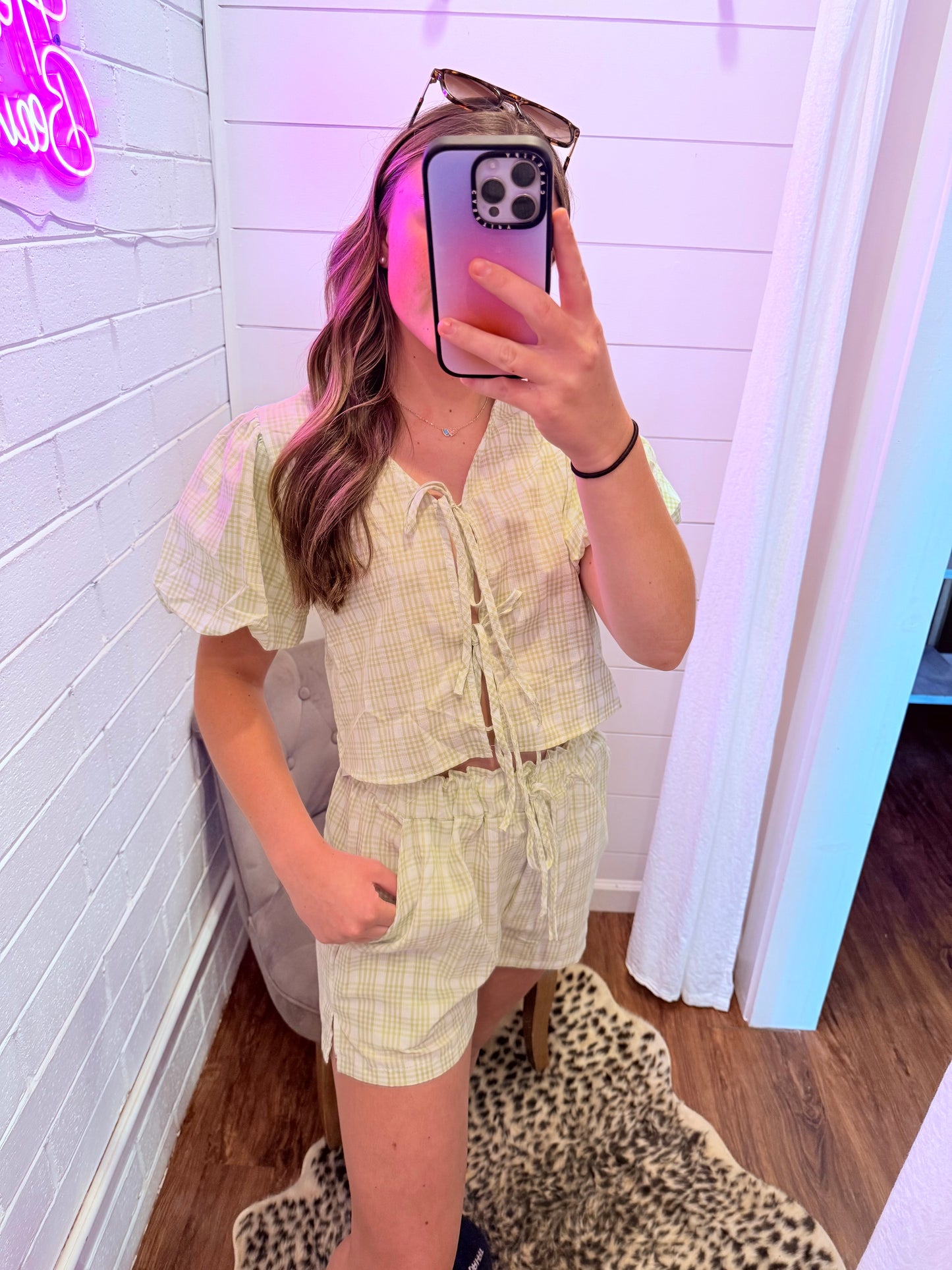 V-Neck Lace-Up Puff Sleeve Top Shorts Plaid Set - Green