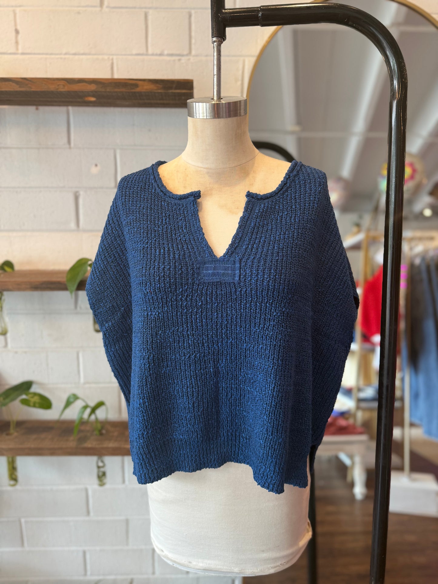 Classic Blue Back Patch Rolled Split-Neck Side Slit Pullover