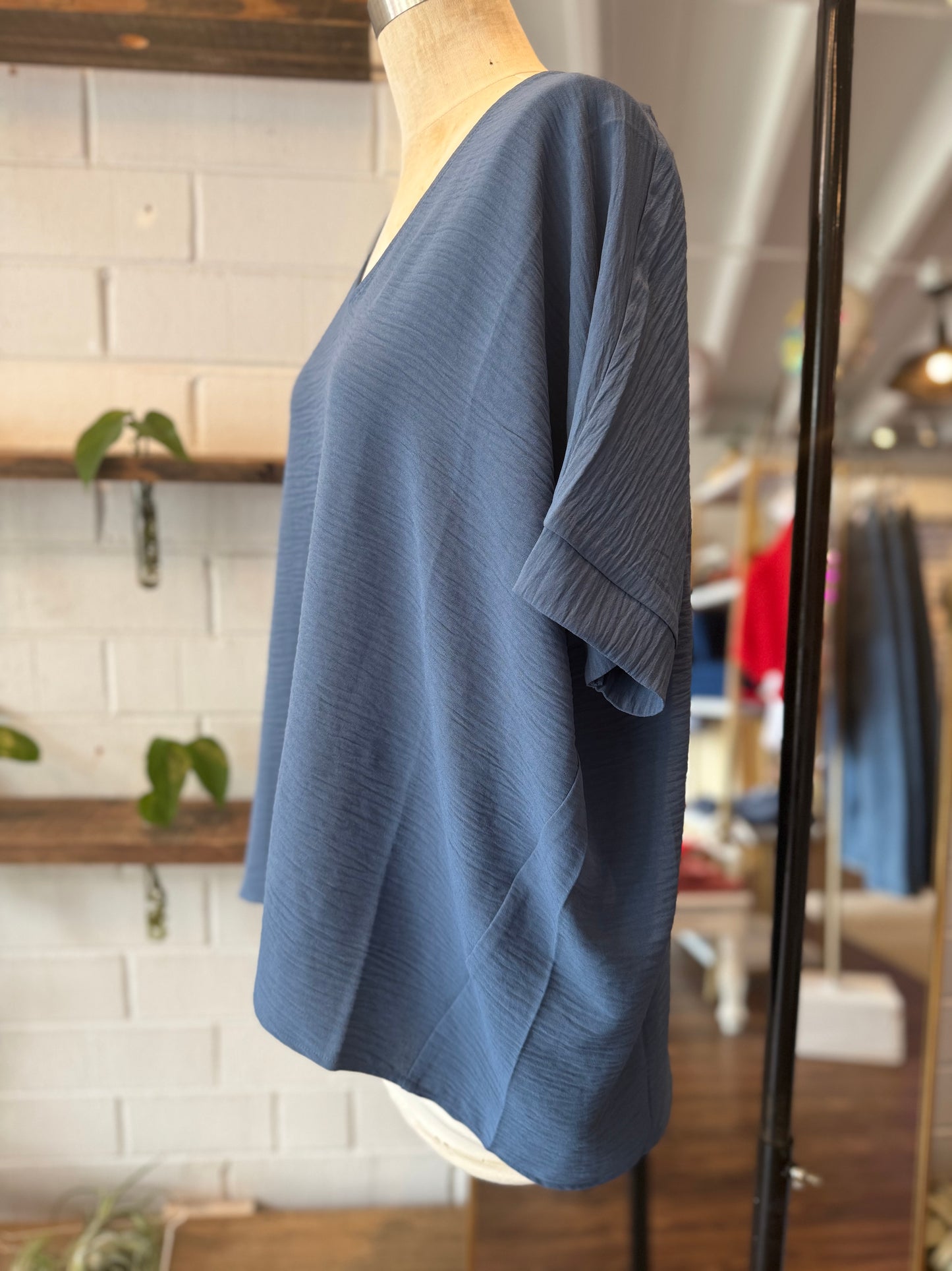 Dusty Blue Woven Airflow V-Neck Dolman Short Sleeve Top