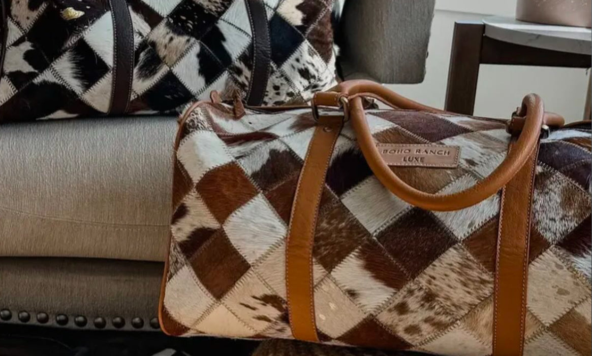 Duffle Weekender Leather Hairon Cowhide Travel Bag- Brown & White