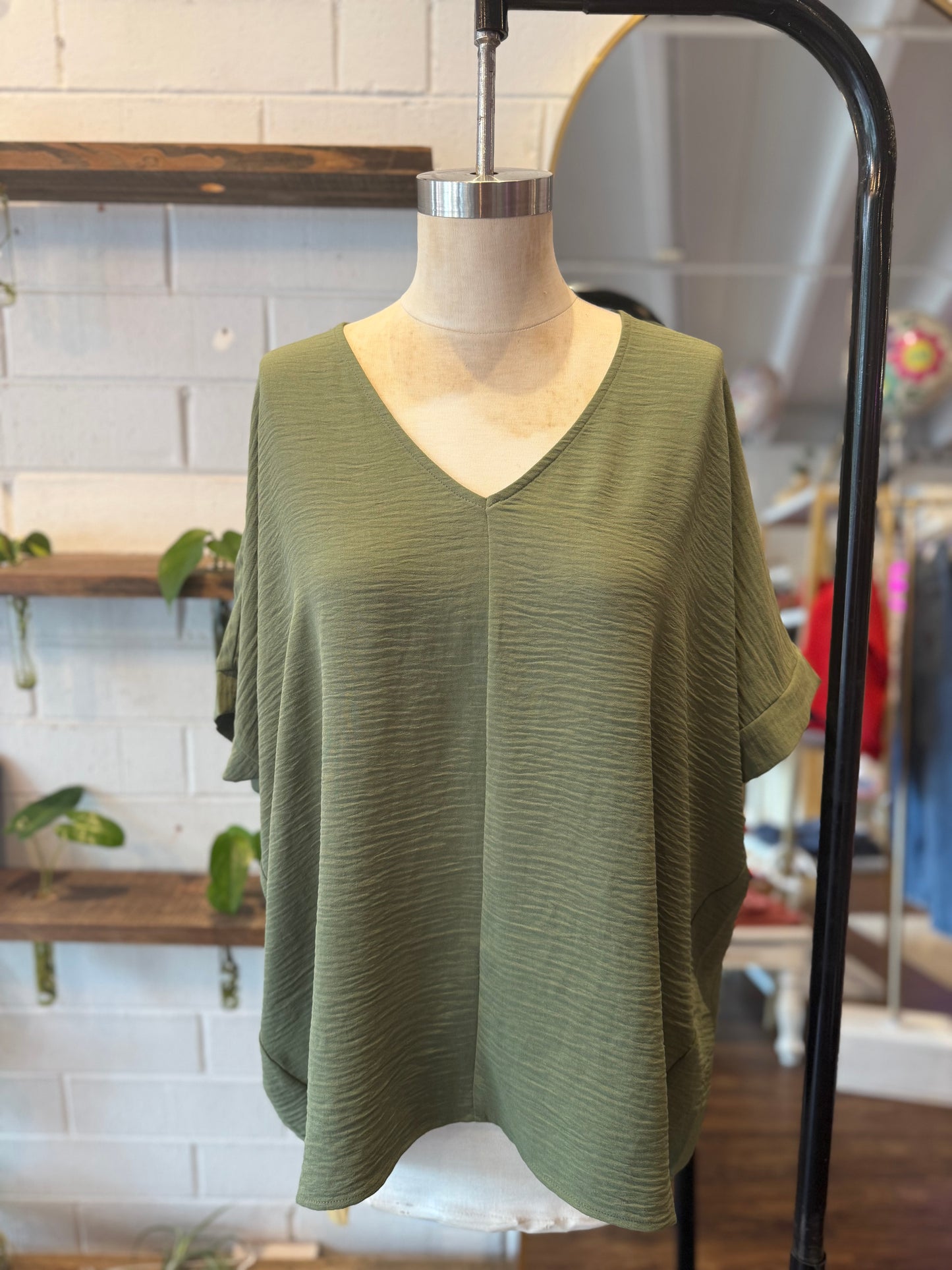 Light Olive Woven Airflow V-Neck Dolman Short Sleeve Top