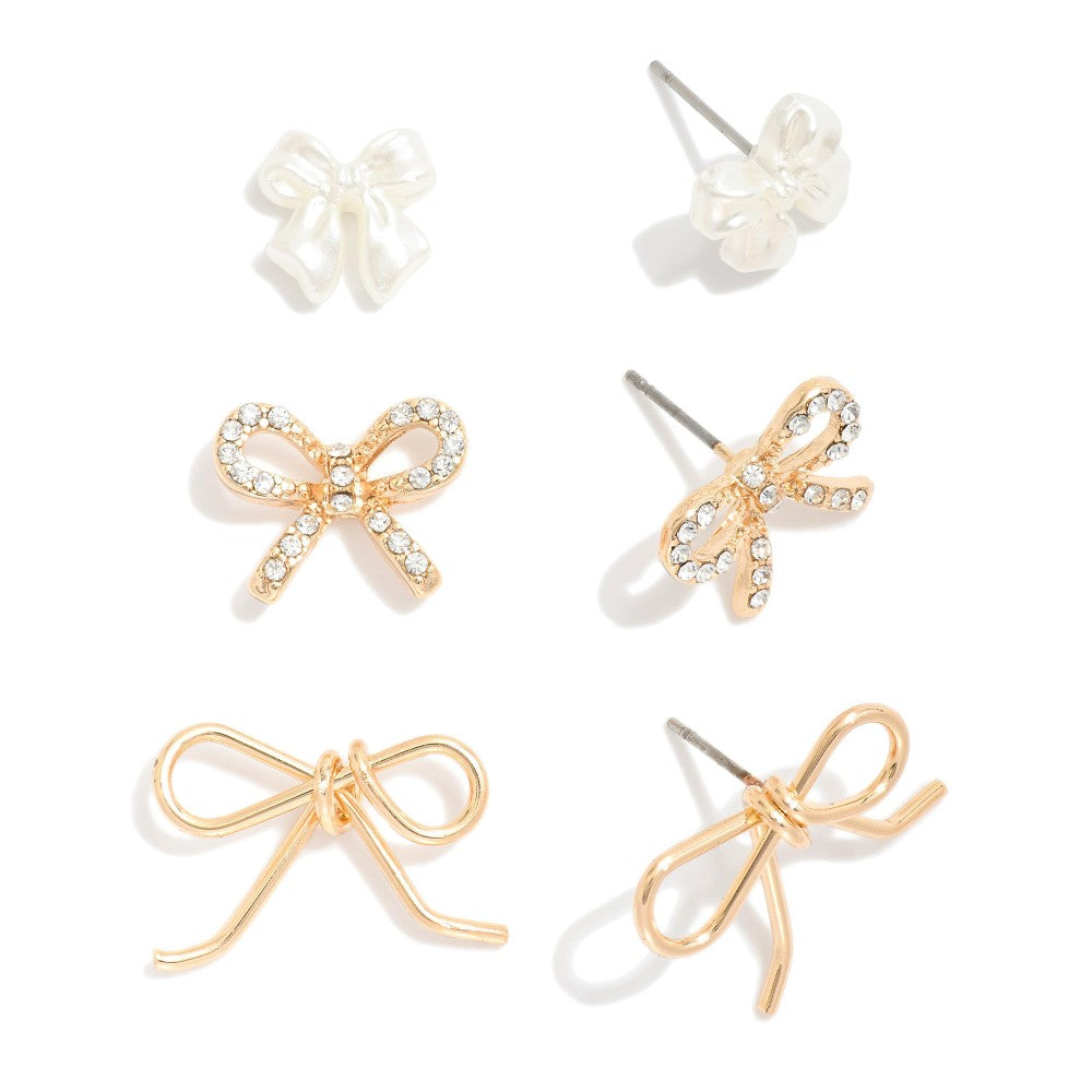 Set Of Three Stud Earrings Featuring Metal Bows - Gold
