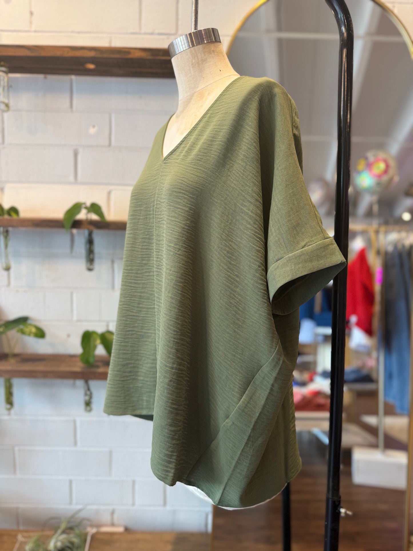Light Olive Woven Airflow V-Neck Dolman Short Sleeve Top