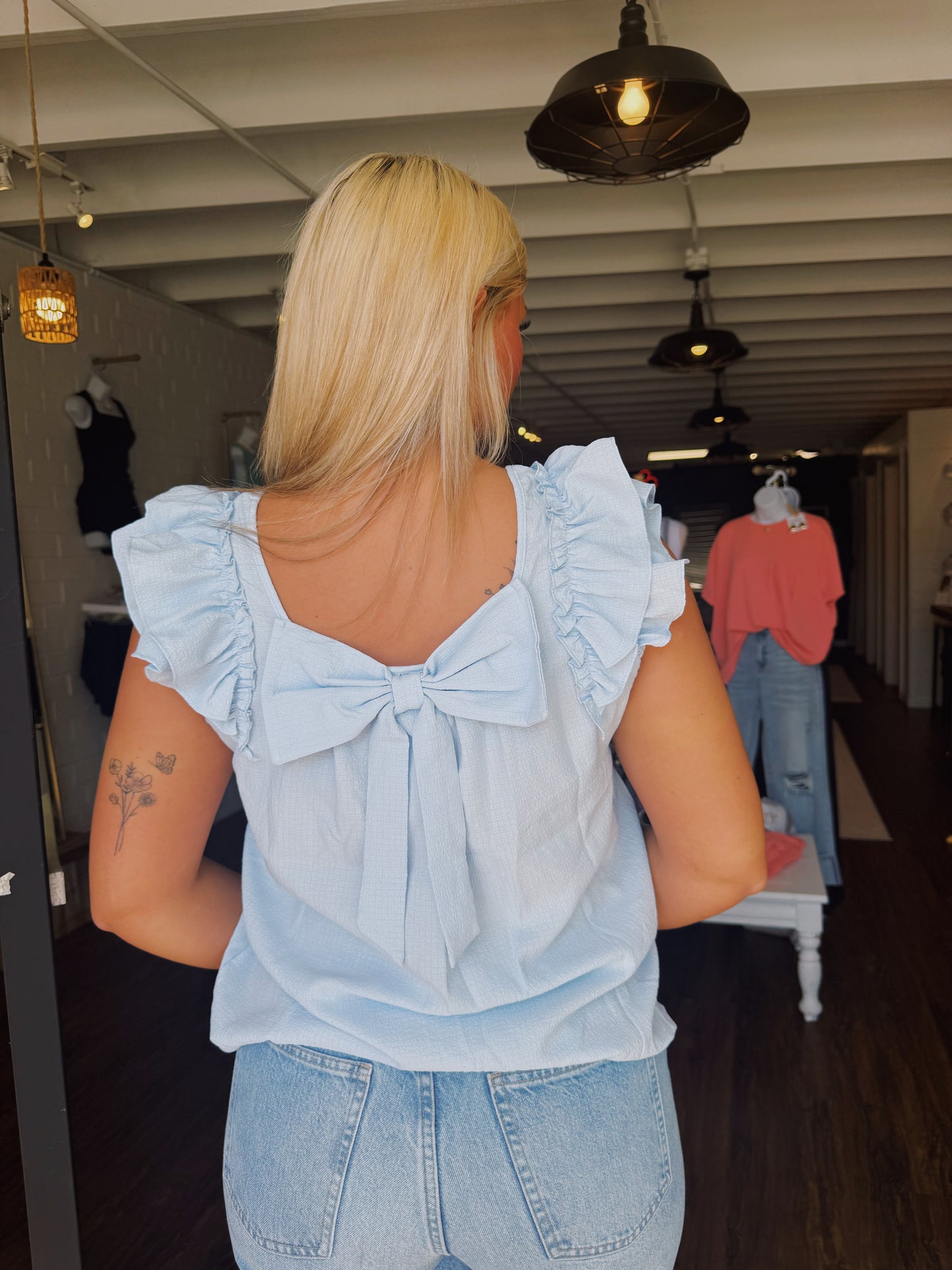 Blue Textured Bow Knot Frilled Butterfly Sleeve Blouse