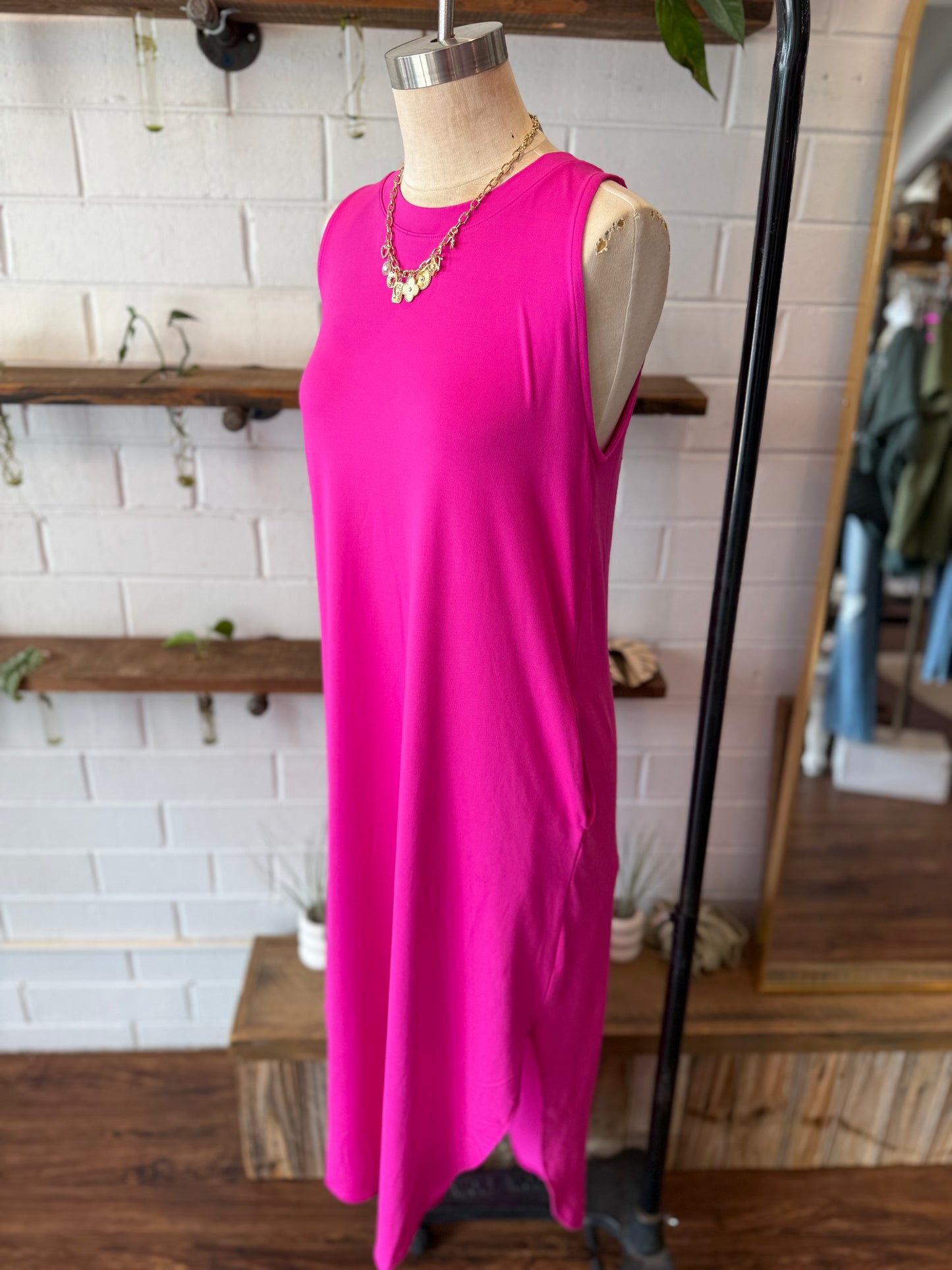 Neon Hot Pink Brushed Side Slit Dress w/Pockets