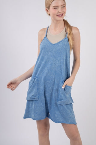 Casual Sleeveless Washed Knit Romper,  Blue