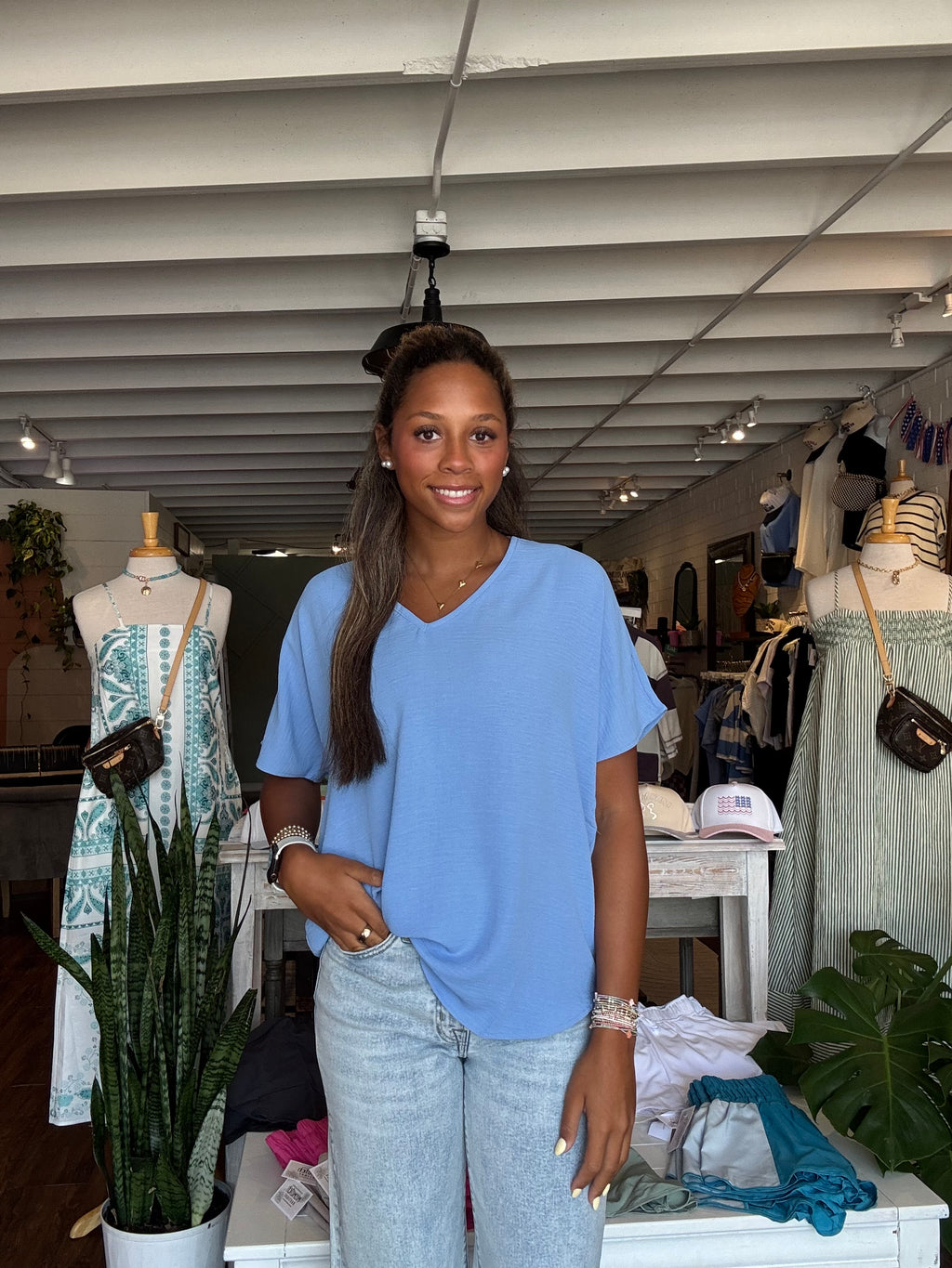 V-neck Short Sleeve Top - Blue