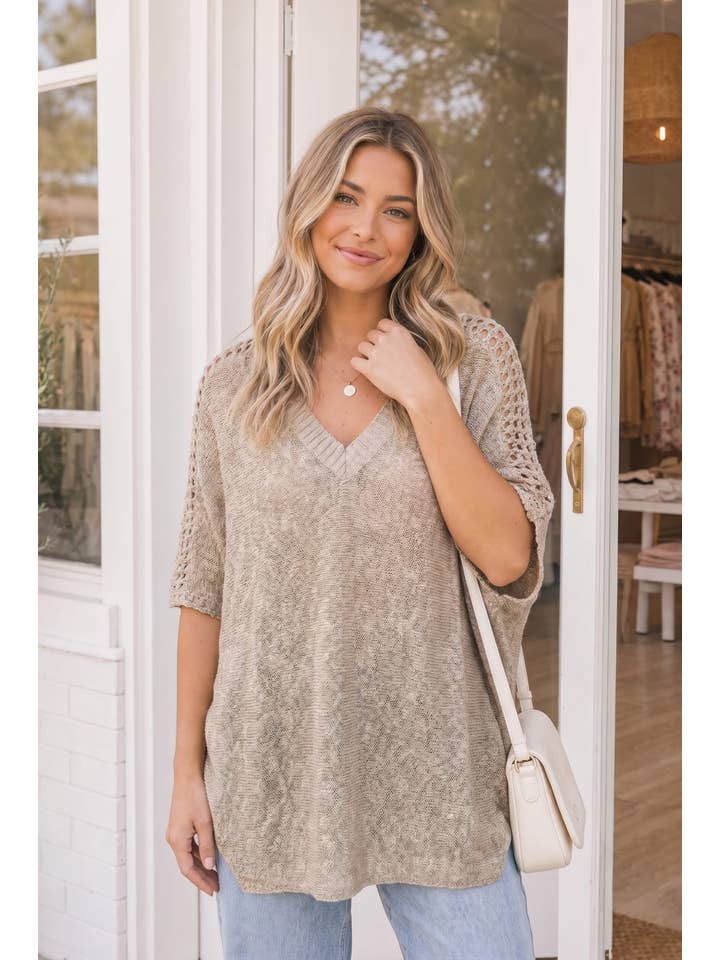 Open Weave V-Neck Batwing Sweater - Taupe
