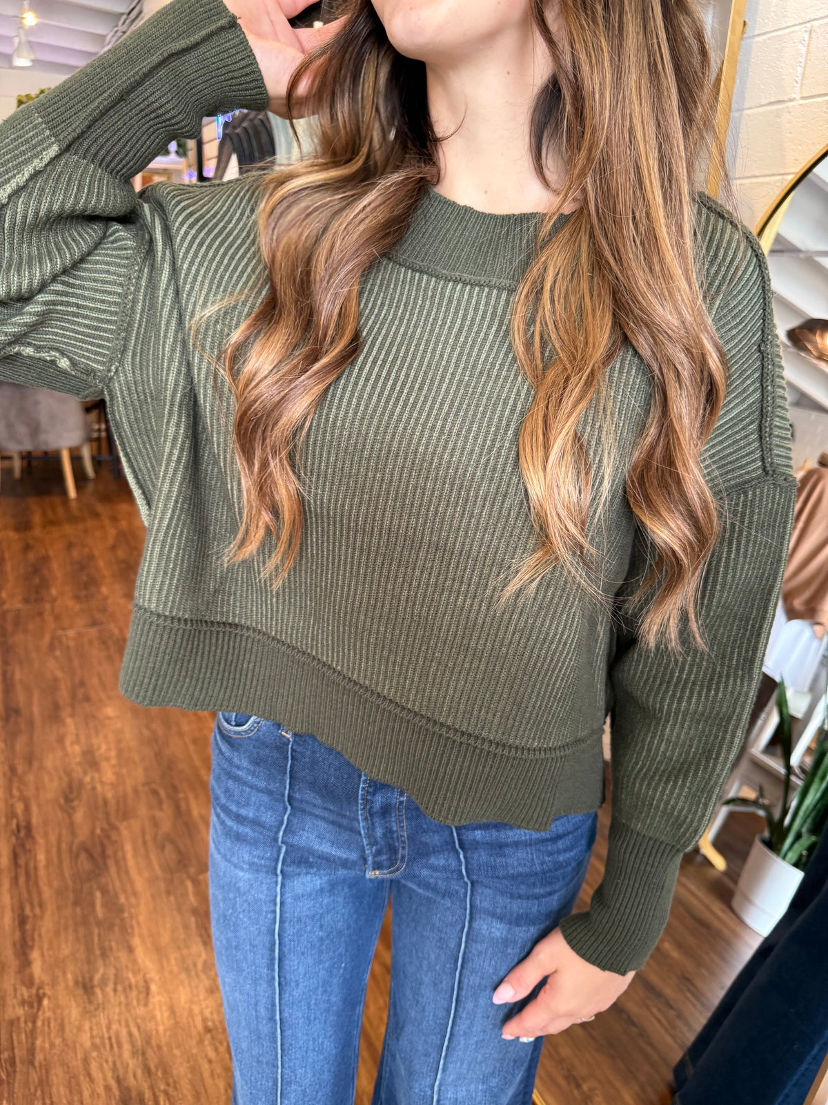Exposed Seam Two Tone Sweater - Olive