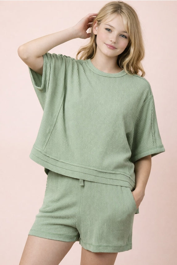 Ribbed Knit Top & Shorts Set - Sage