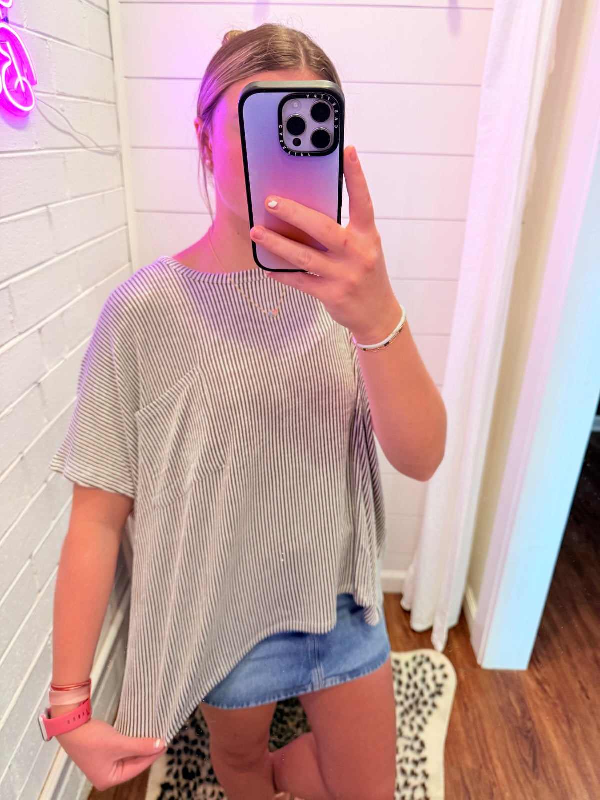 Brown Corded Rib Oversized Short Sleeve Top