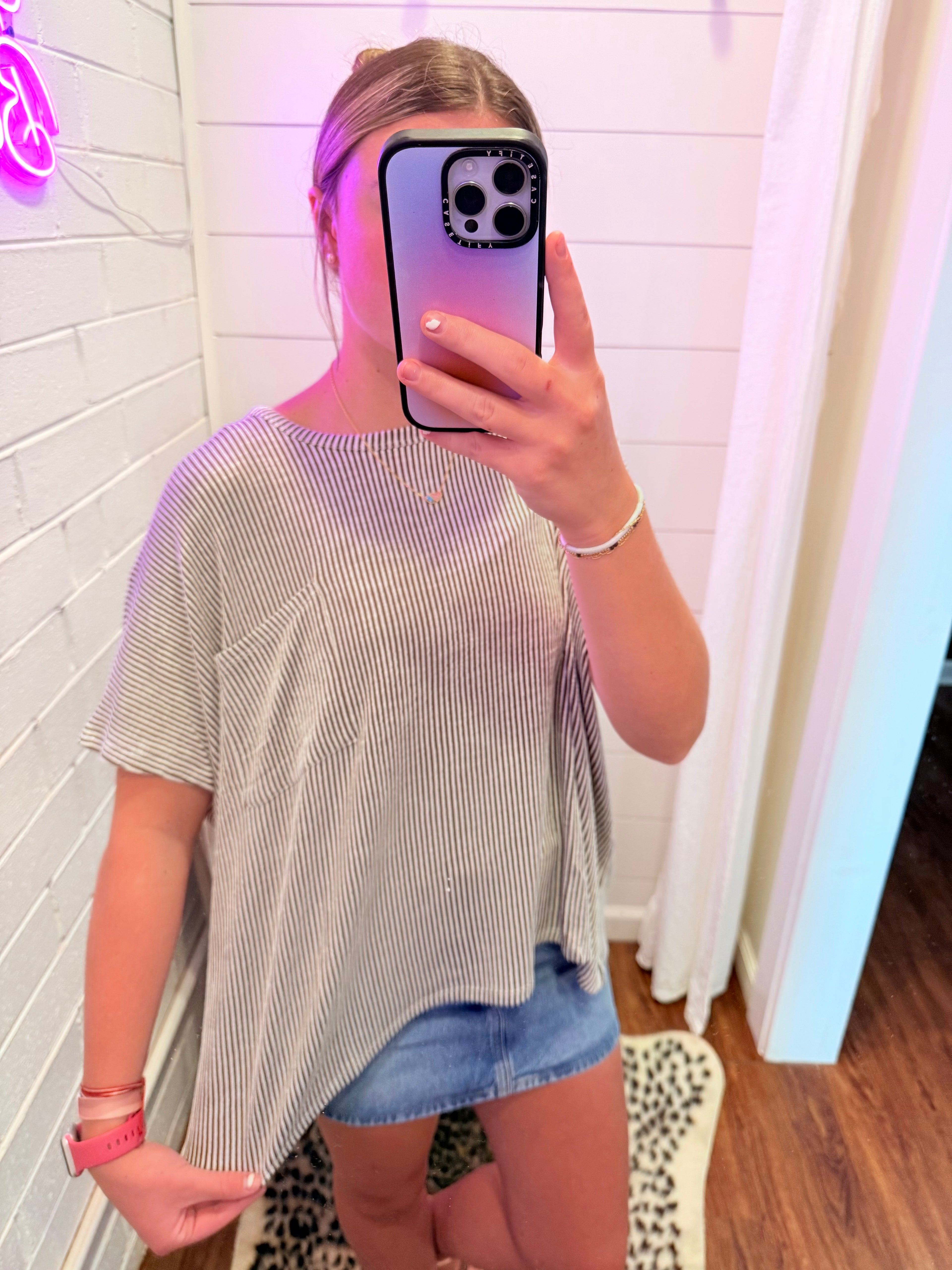Brown Corded Rib Oversized Short Sleeve Top