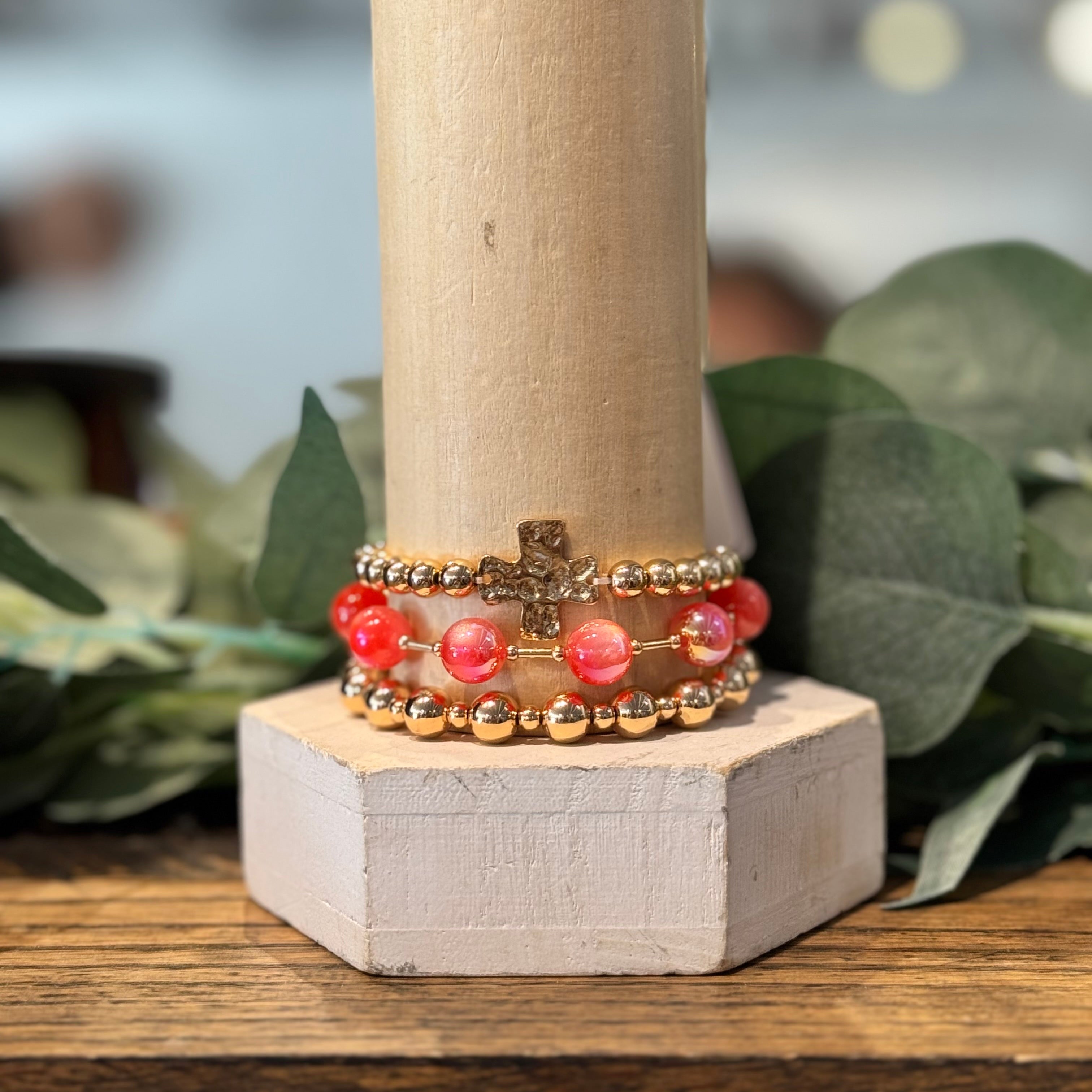 Gold & Red Beaded Bracelets with Cross