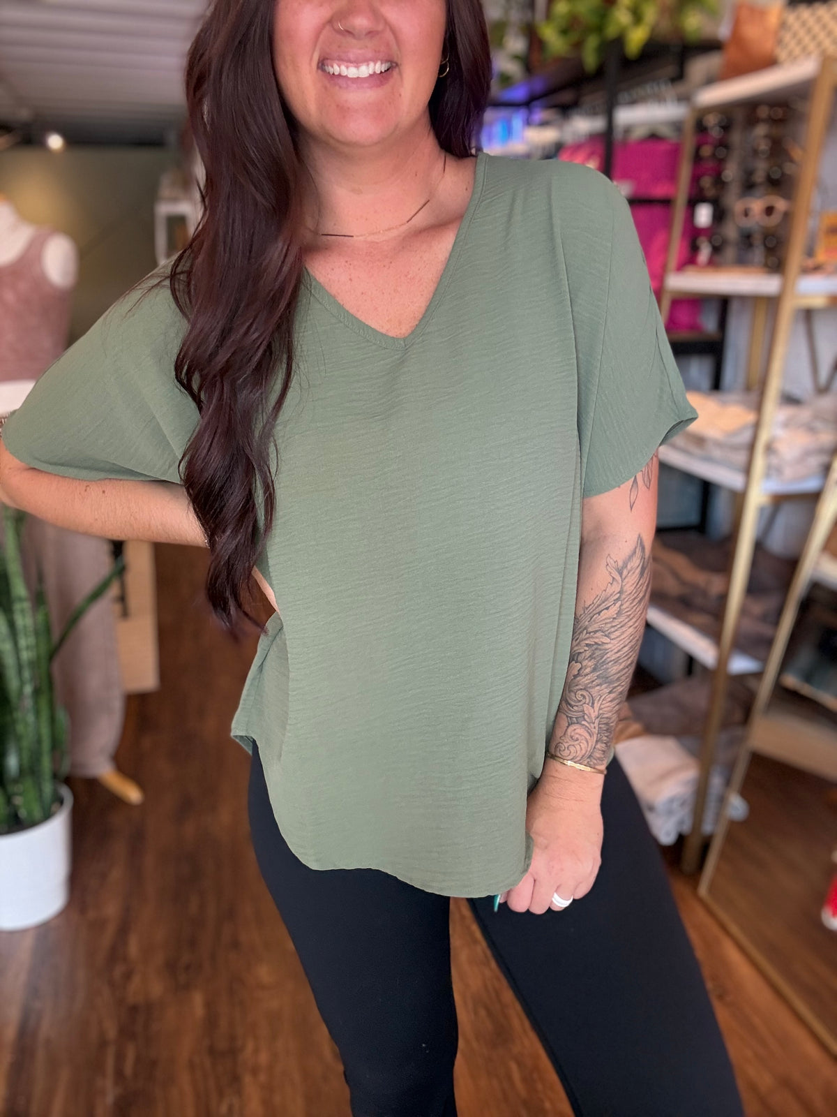 Woven Airflow V-neck Short Sleeve Top - Light Olive