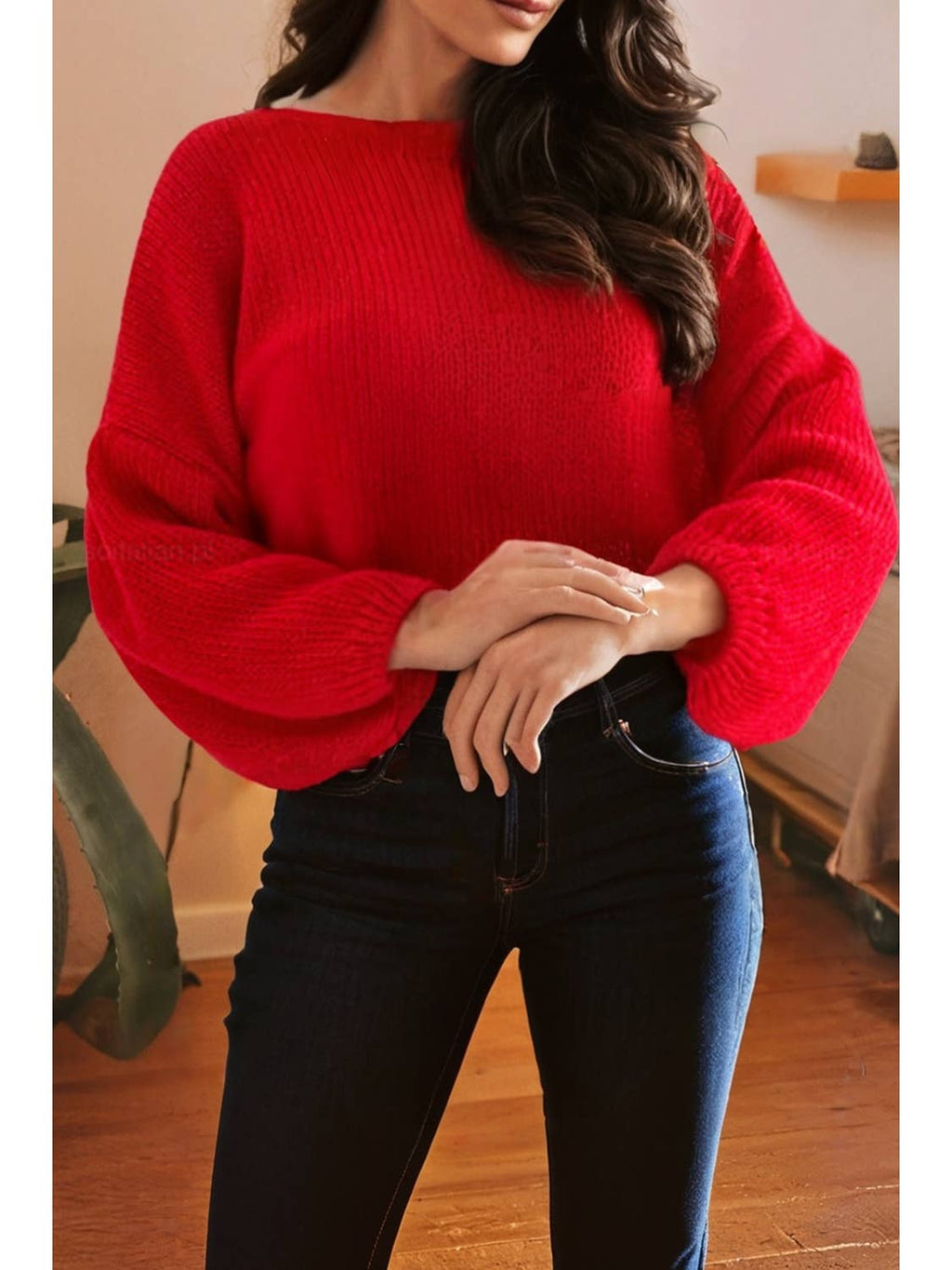Red Bow Backless Bubble Sleeve Sweater