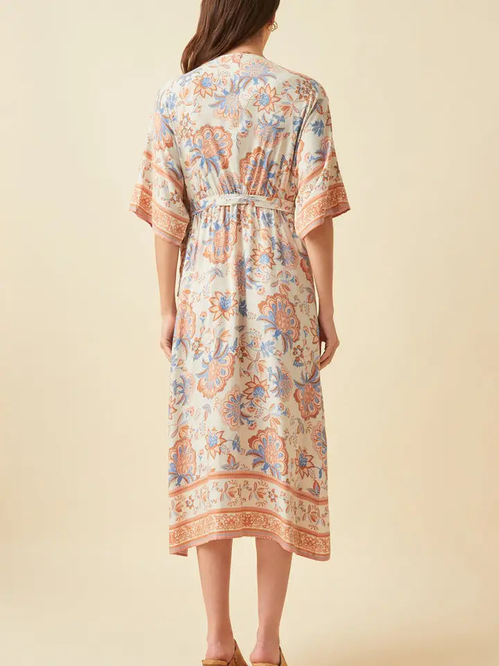 Border Print Side Tie Wrap Dress