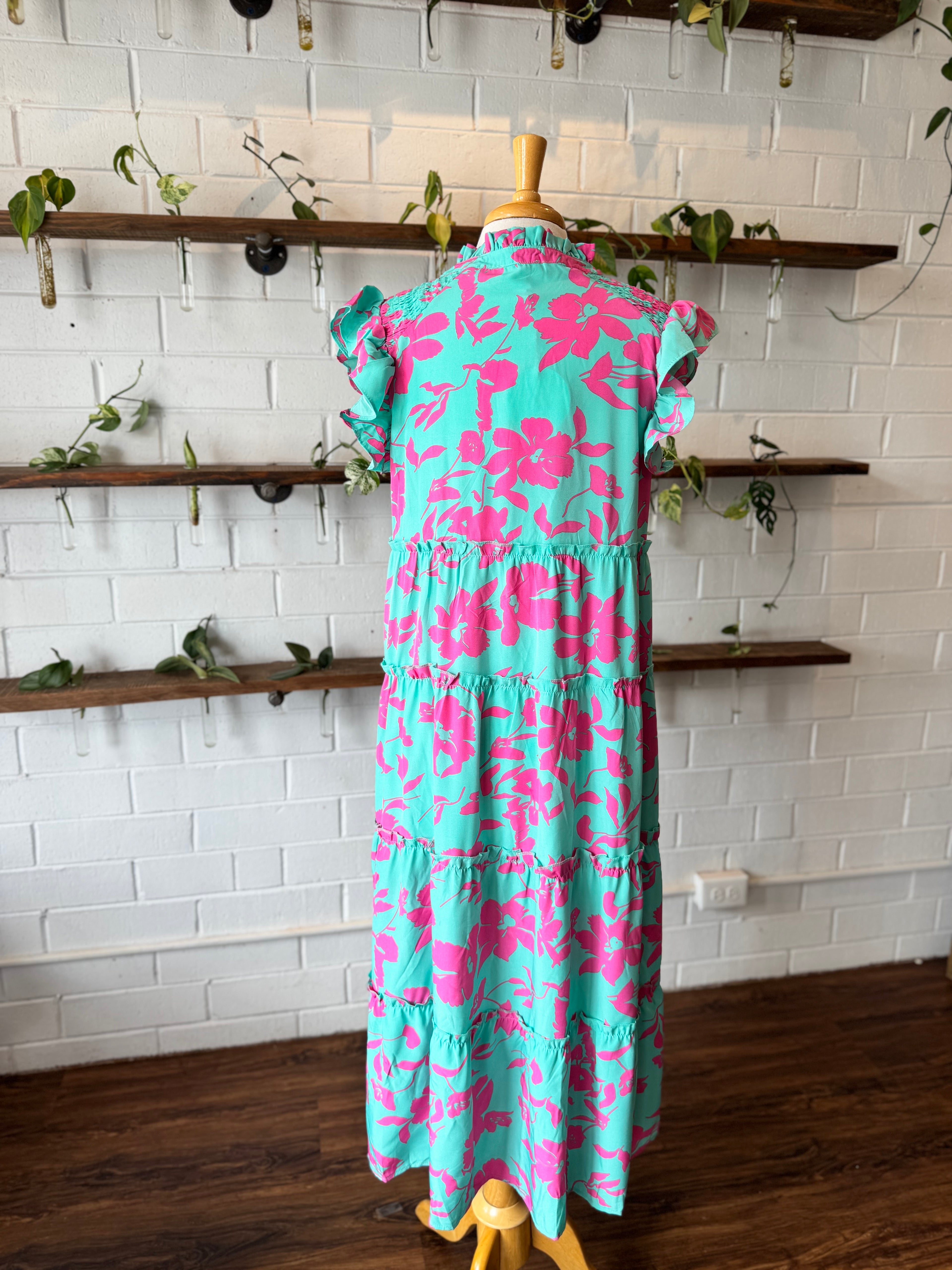 Teal and Pink Midi Dress