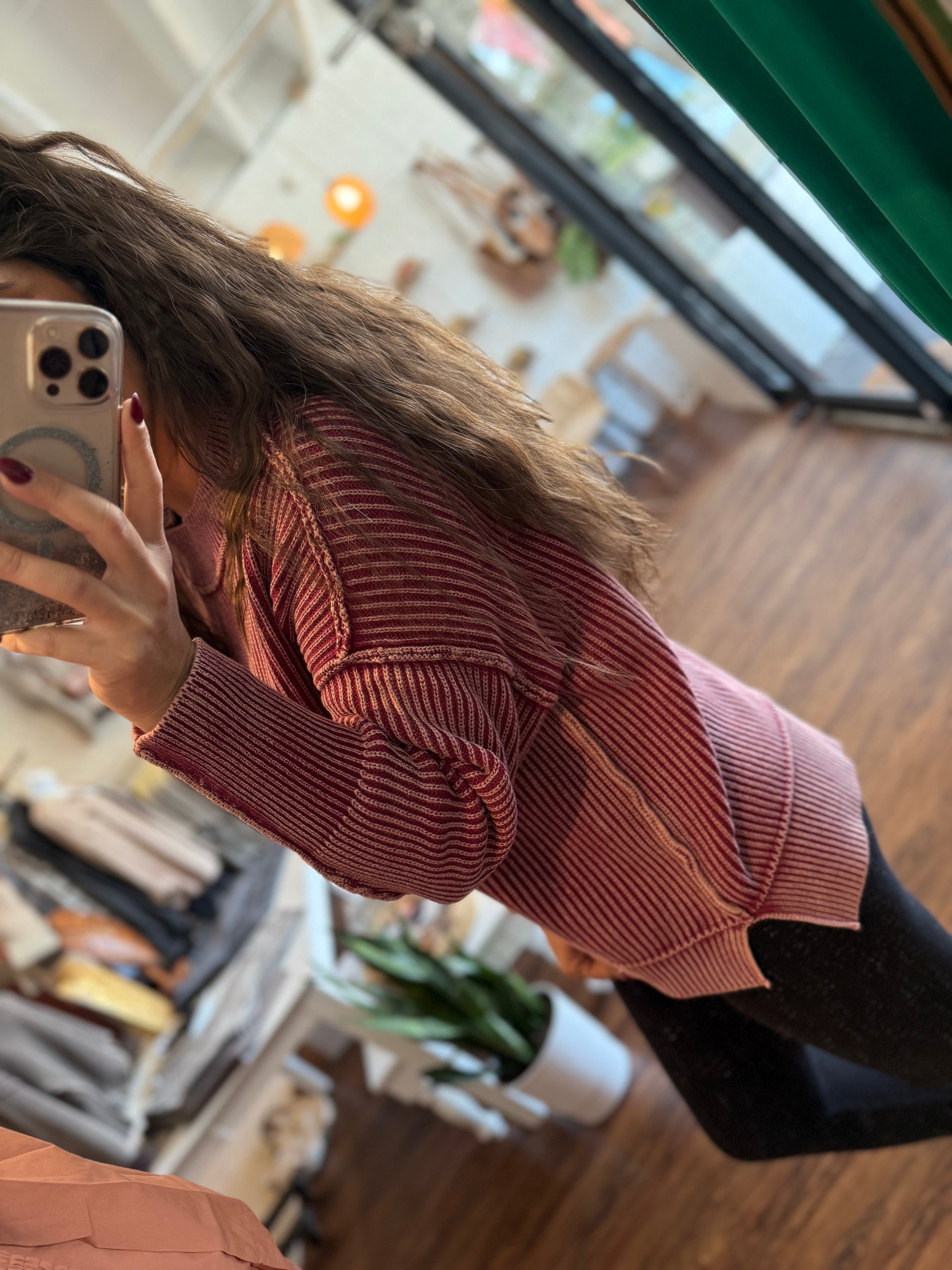 Brown Washed Side Slit Oversized Long Sweater