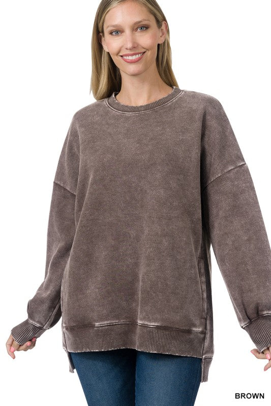 Acid Wash Hi Low Fleece Pullover - Brown
