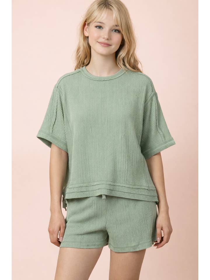 Ribbed Knit Top & Shorts Set - Sage