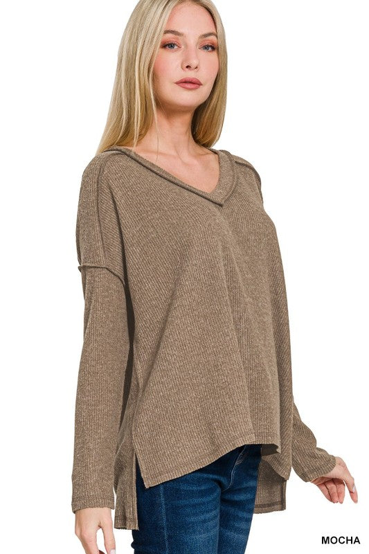Ribbed Drop Shoulder V-Neck - Mocha