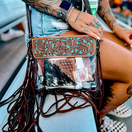 Clear leather stadium crossbody- Teal & Brown