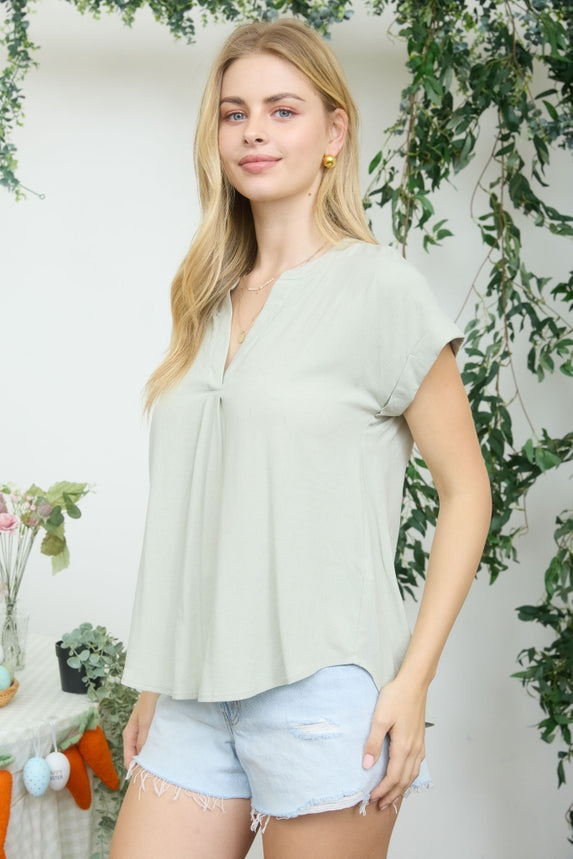 Split Neck Back Button Detail Short Sleeve Top