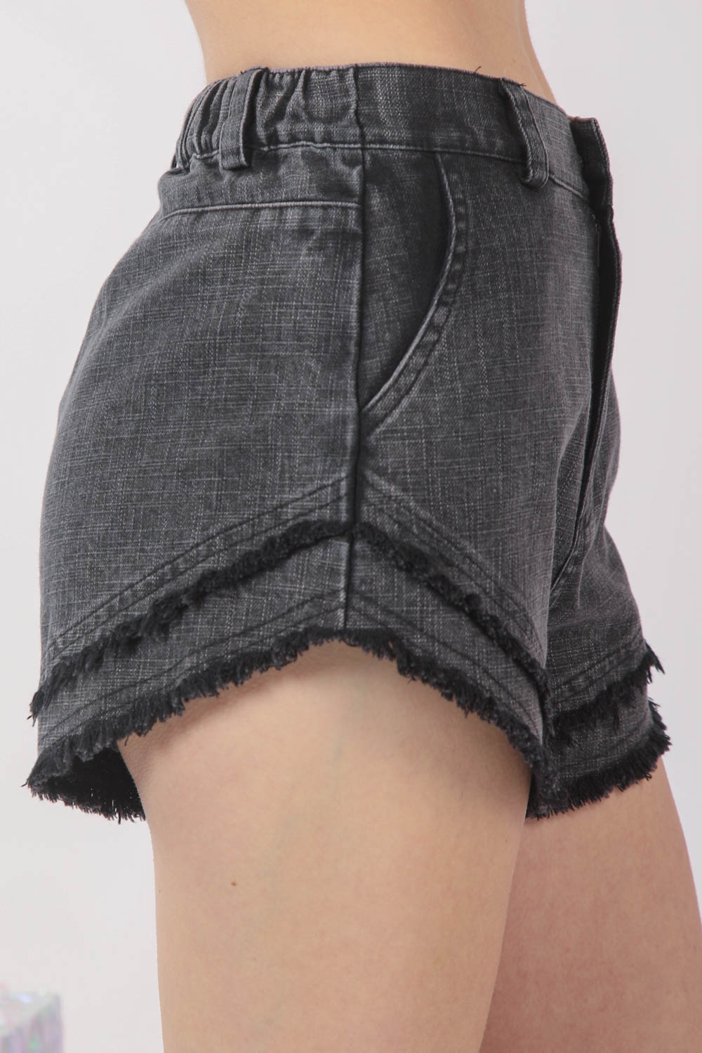 Frayed Washed Denim Shorts -Black