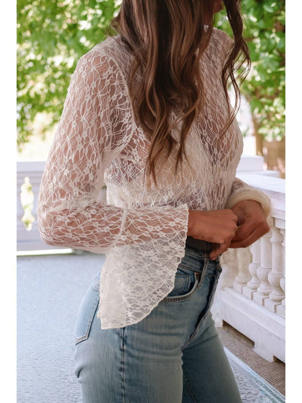 White Sheer Lace Bell Sleeve Mock Neck Blouse