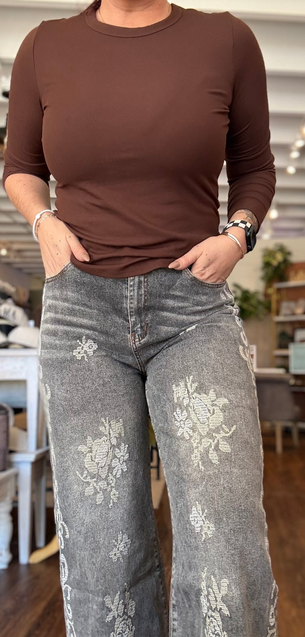 Faded Wash Embroidered Denim