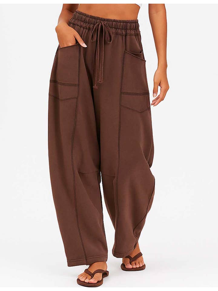 Contrast Stitching Elastic Waist Drawstring Barrel Pants - Coffee
