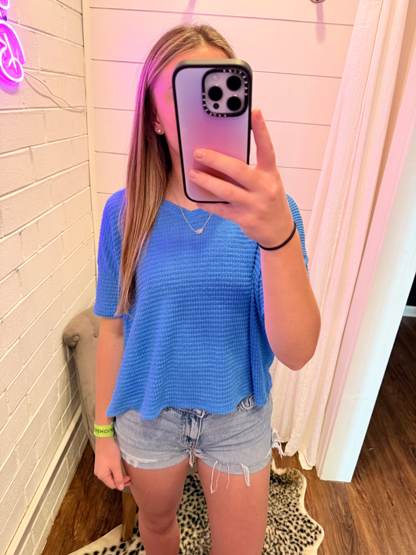 Deep Sky Drop Shoulder Short Sleeve Jacquard Sweater